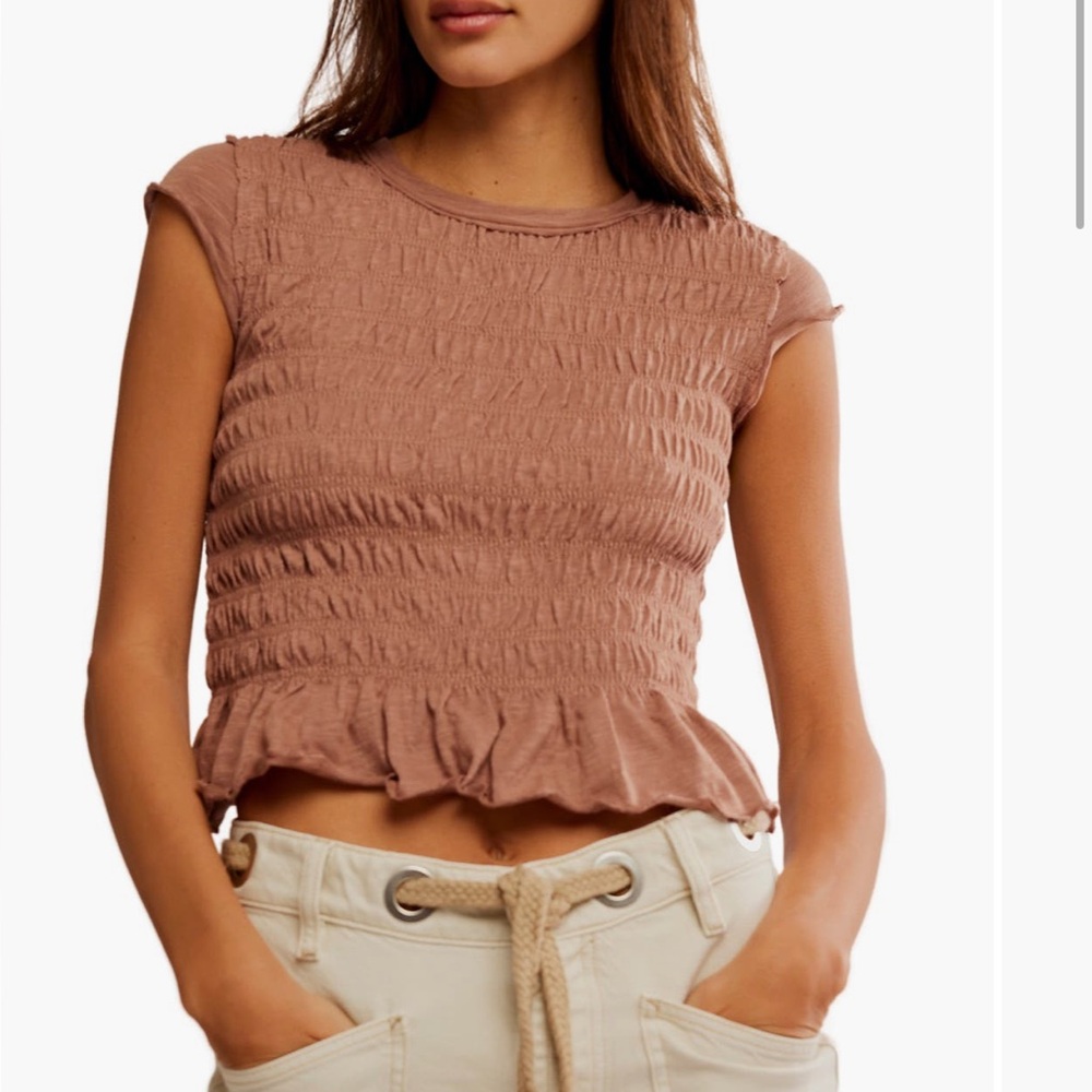 Free People NWT Sylvie Cap Sleeve Crewneck Cotton Blend Smocked Top large